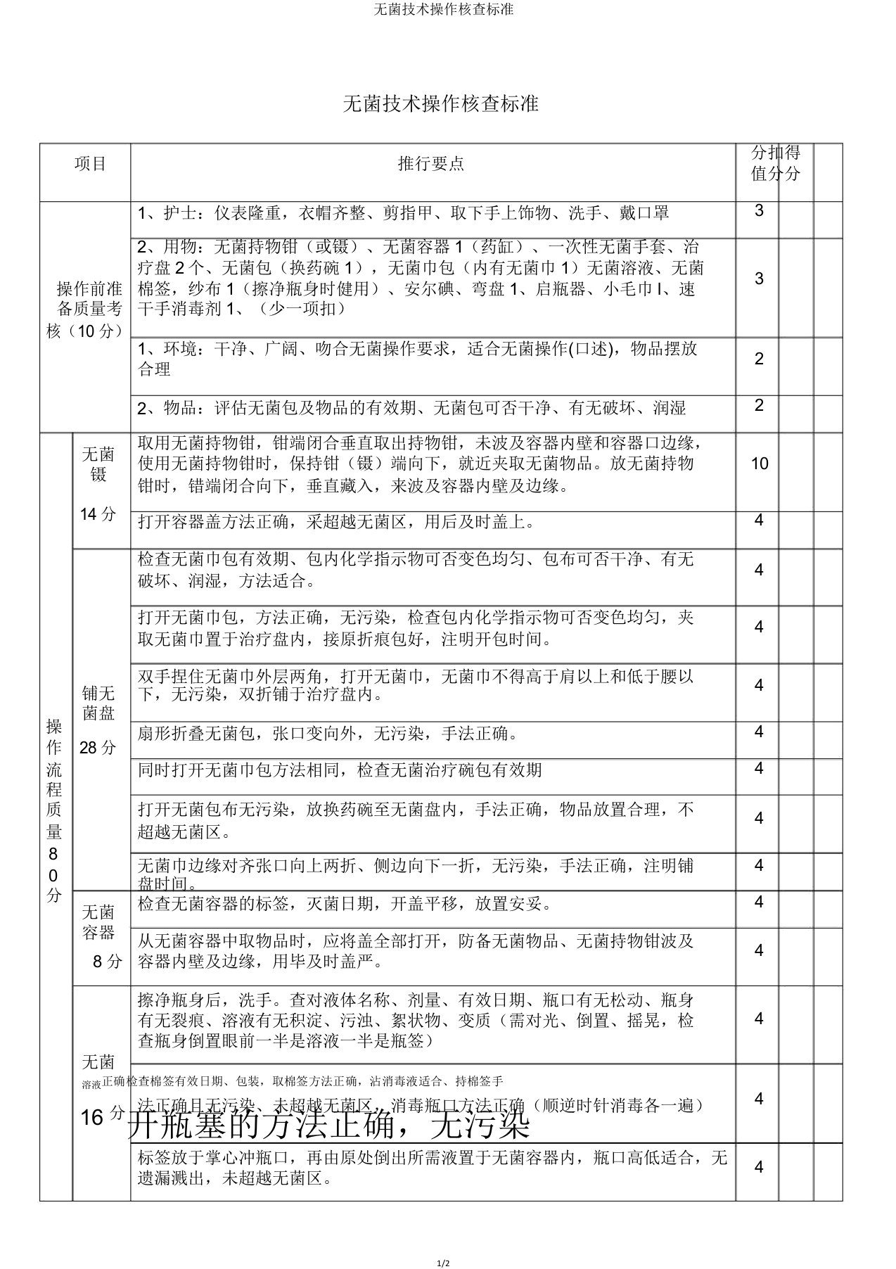 无菌技术操作考核标准