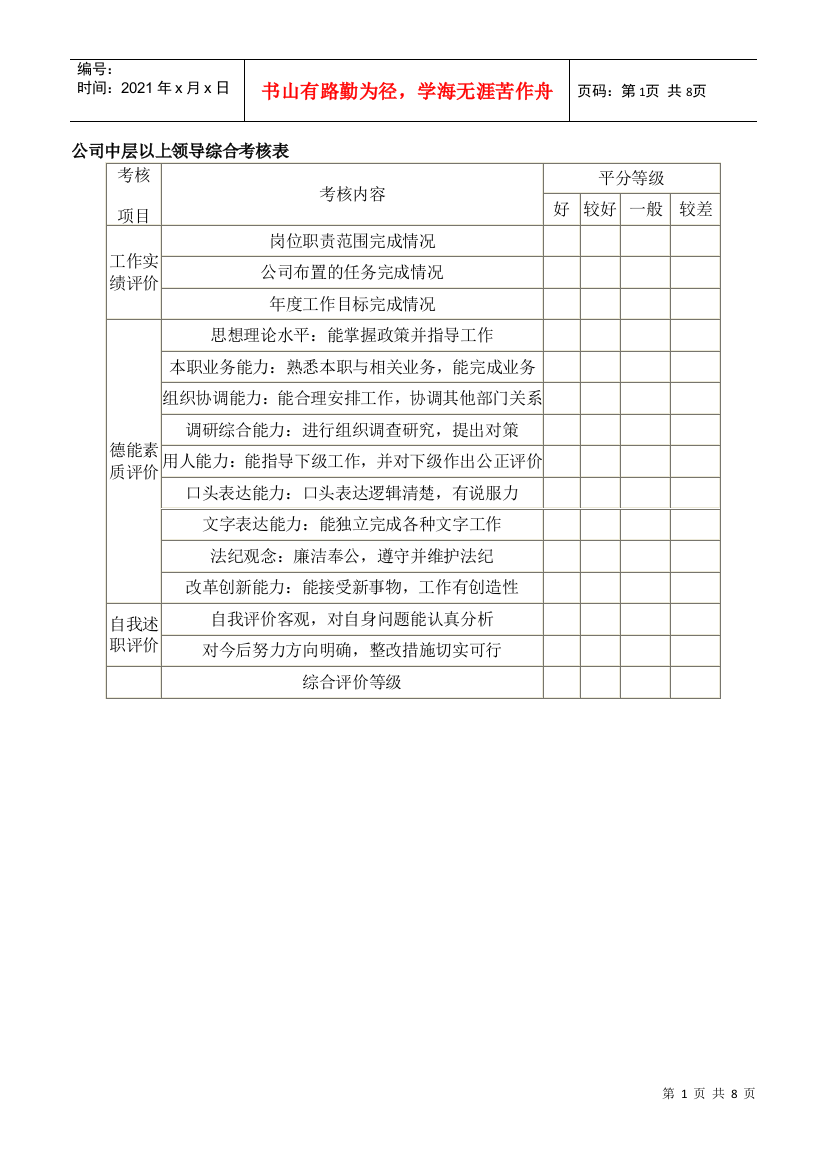 公司中层以上领导综合考核表