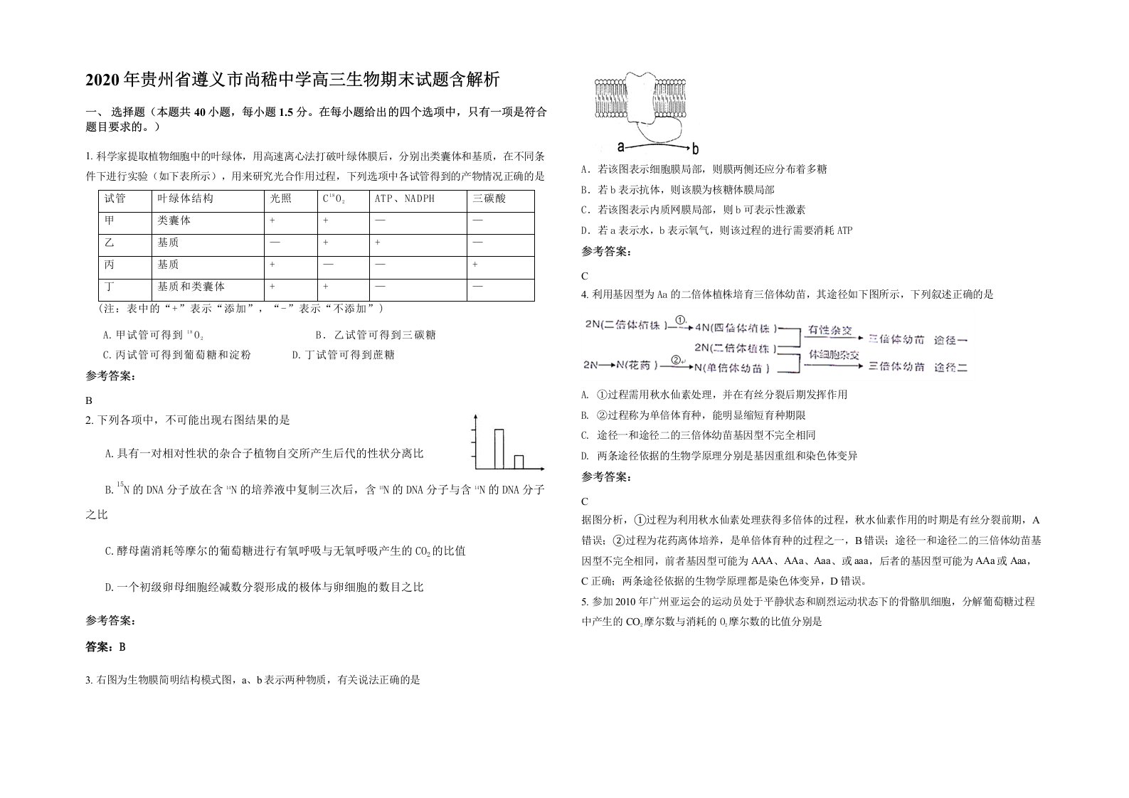 2020年贵州省遵义市尚嵇中学高三生物期末试题含解析