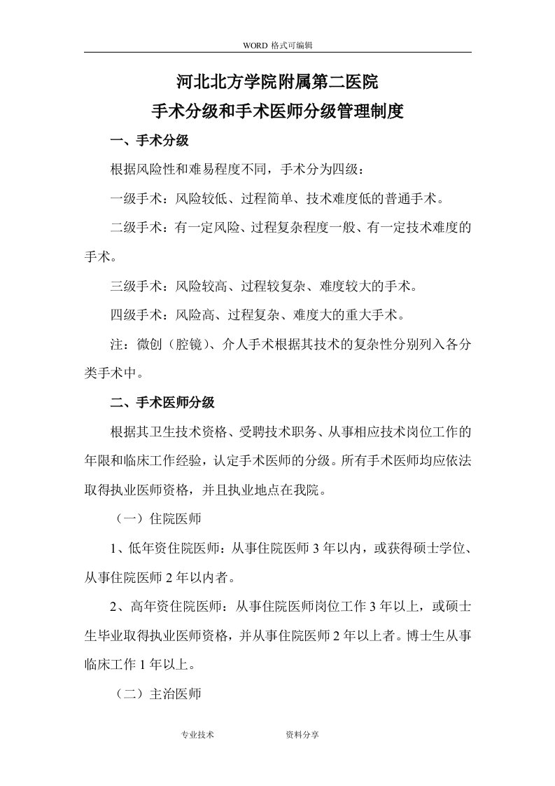 手术分级及手术医师分级管理制度汇编