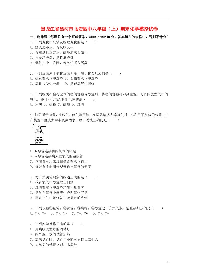 黑龙江省黑河市北安四中八级化学上学期期末模拟试题（含解析）