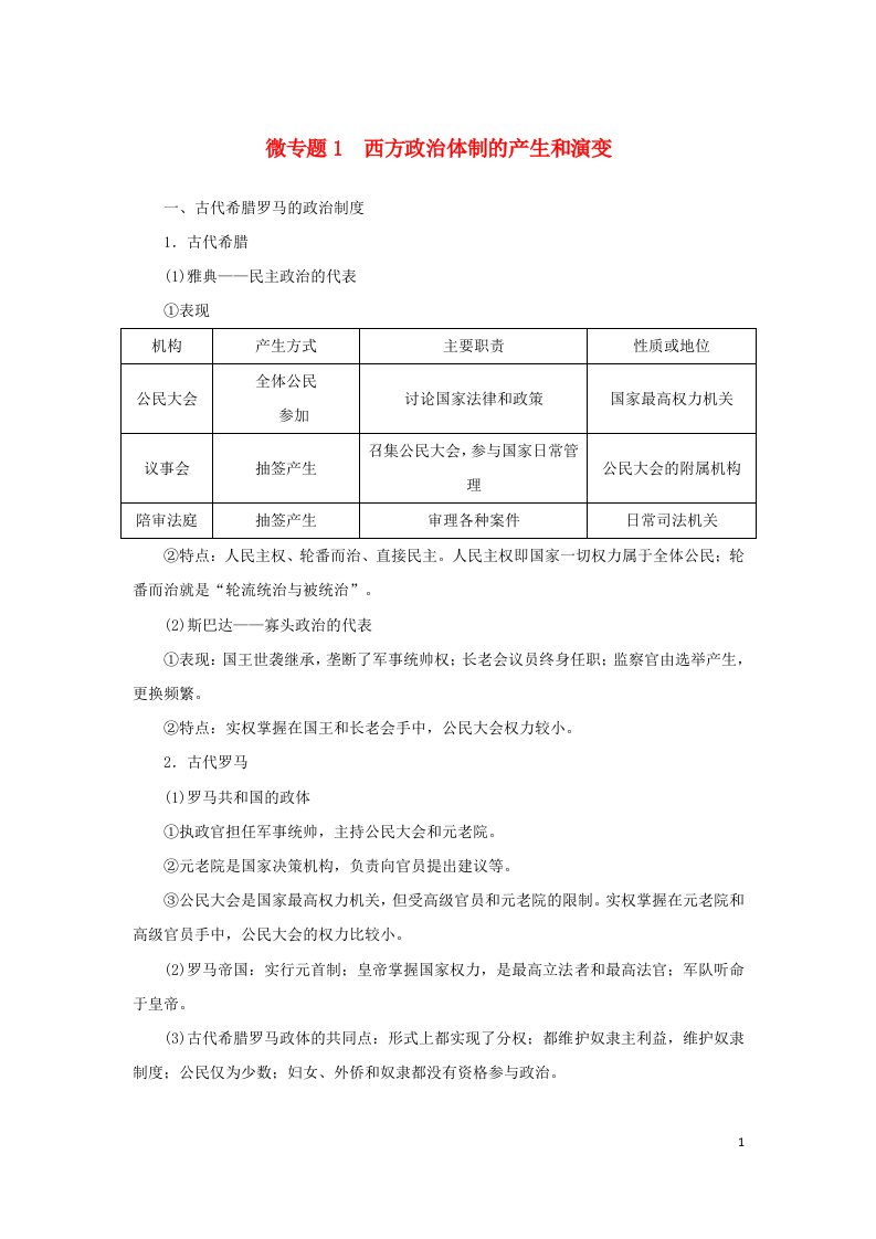 统考版专题版2023高考历史二轮专题复习第一部分板块三世界史微专题1西方政治体制的产生和演变教师用书