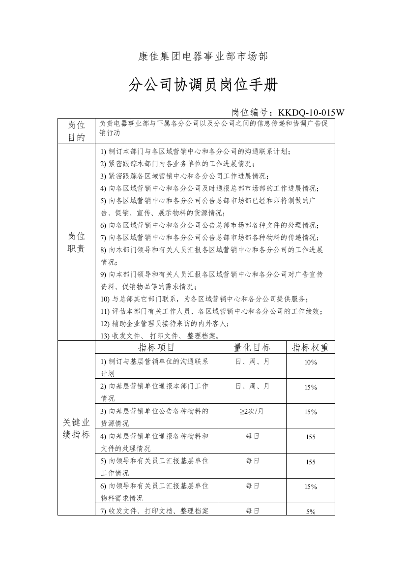 电器事业部市场部分公司协调员岗位手册一