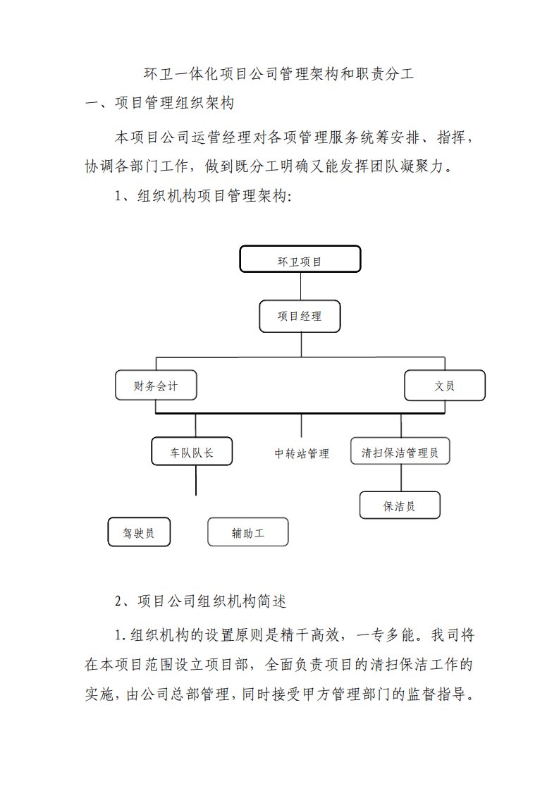 环卫一体化项目公司管理架构和职责分工