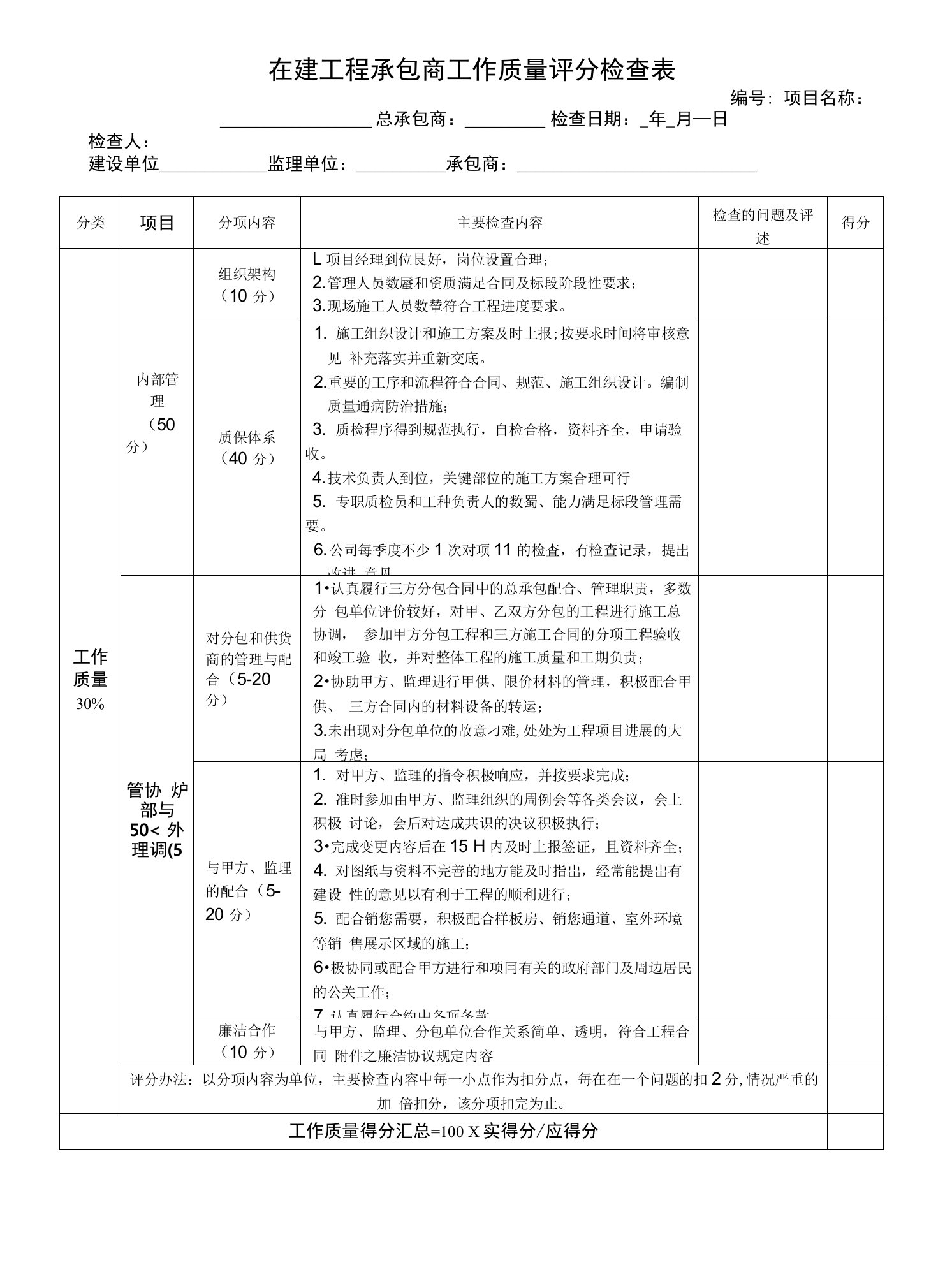 附件4-对承包商工作质量检查评分表