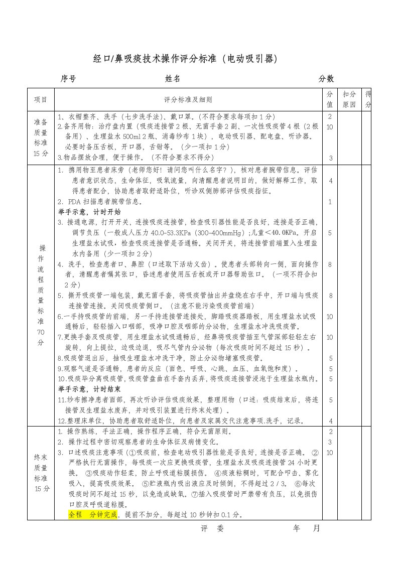 经口鼻吸痰技术操作考核评分标准