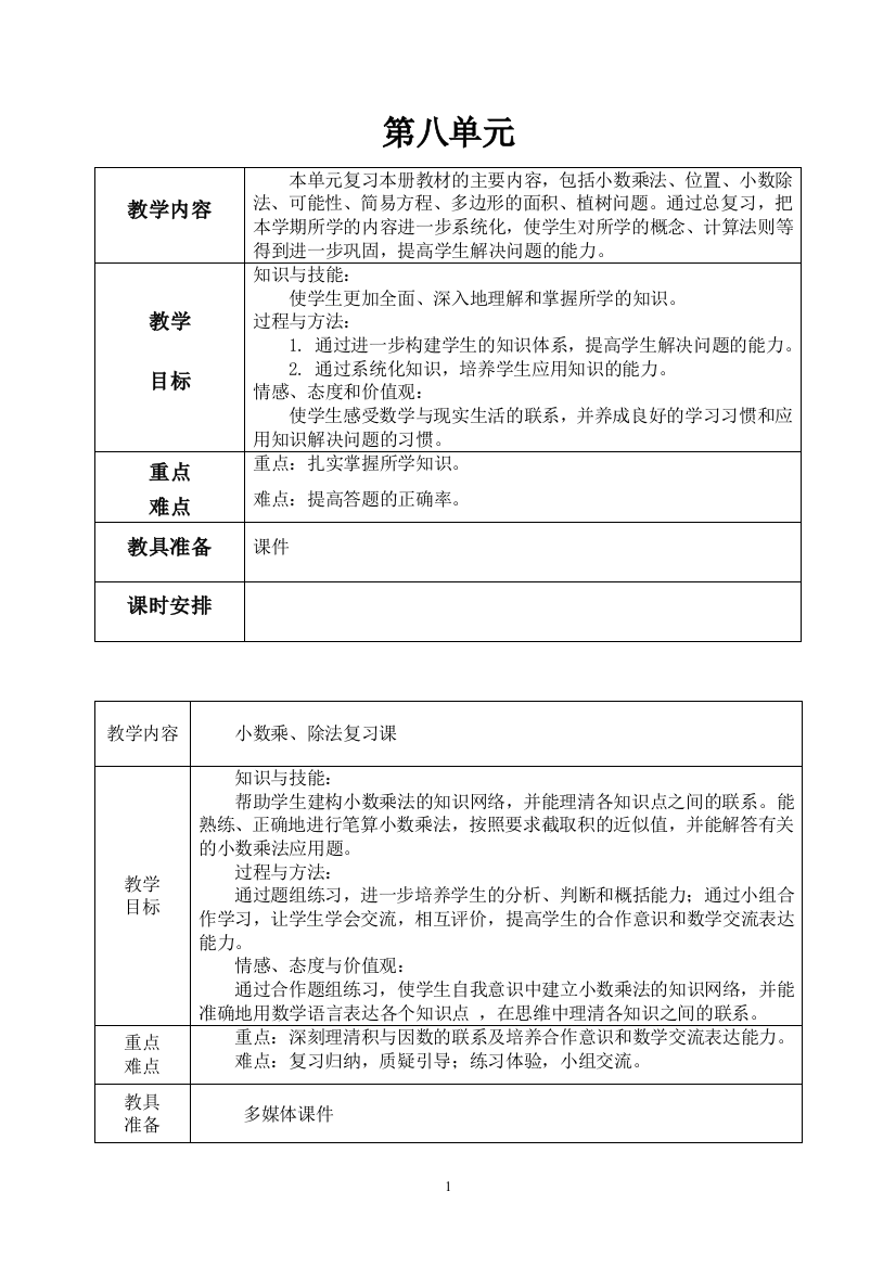 五年级数学上册第八单元教案