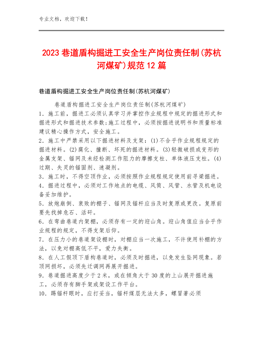 2023巷道盾构掘进工安全生产岗位责任制(苏杭河煤矿)规范12篇