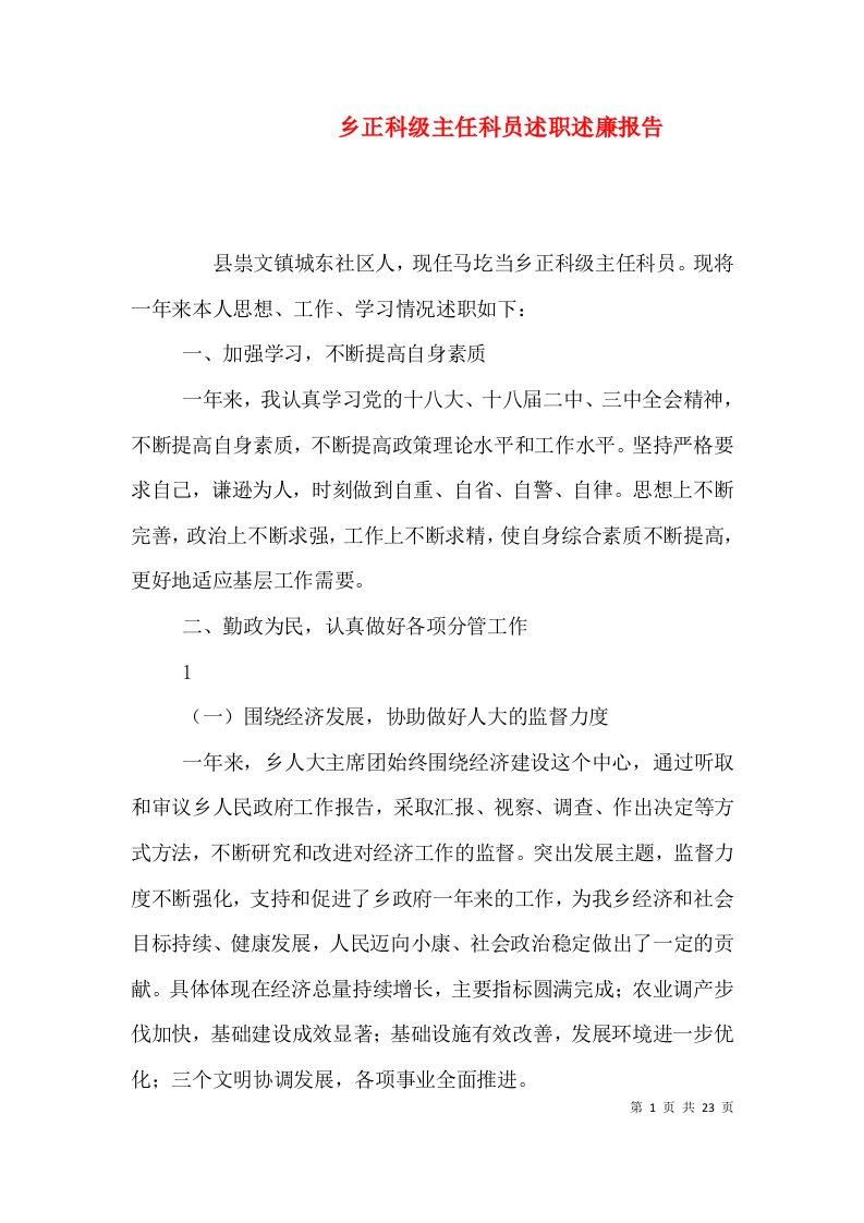 乡正科级主任科员述职述廉报告