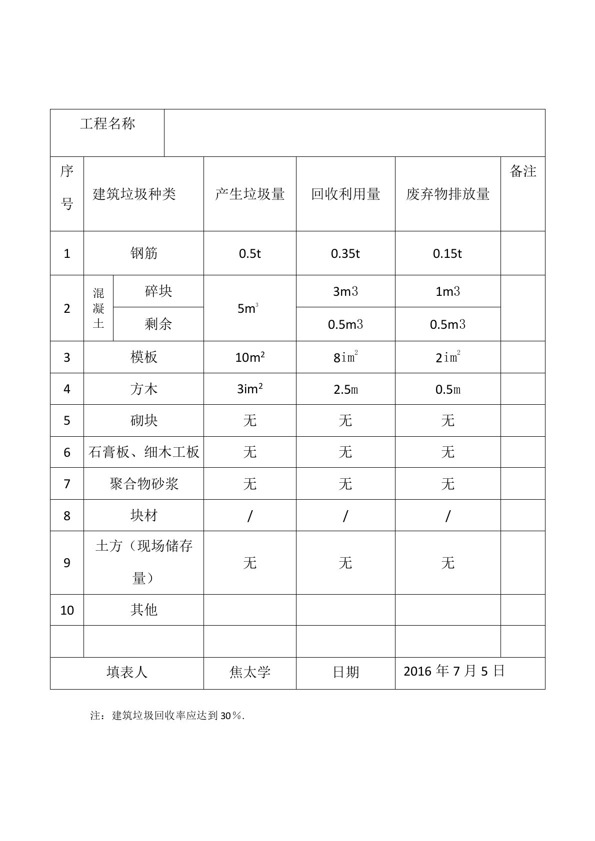 建筑垃圾回收利用统计台账