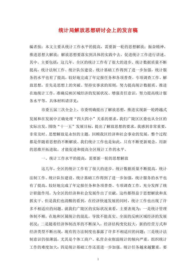 统计局解放思想研讨会上的发言稿通用