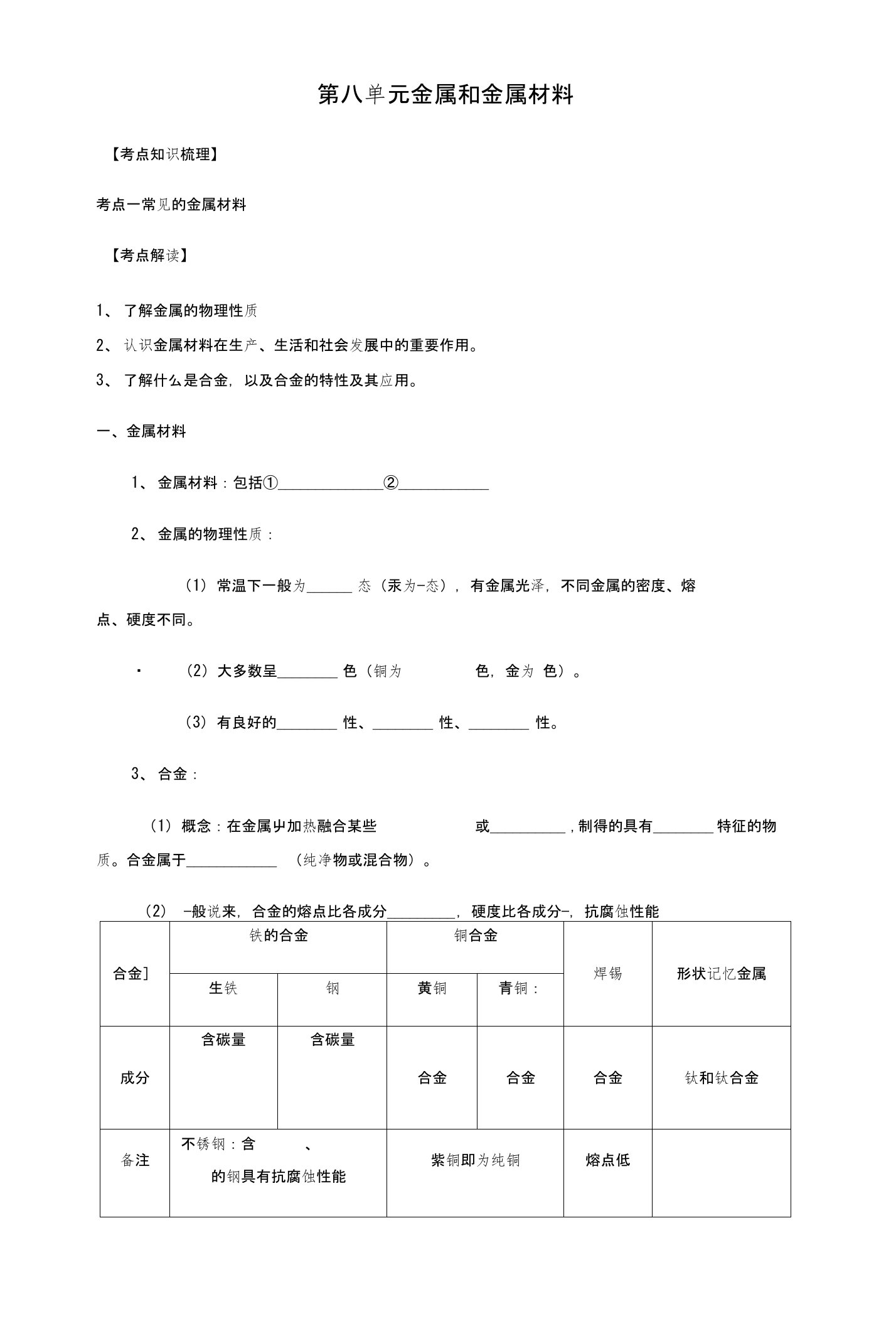 九年级化学下册第八单元金属和金属材料复习讲义（无答案）（新版）新人教版