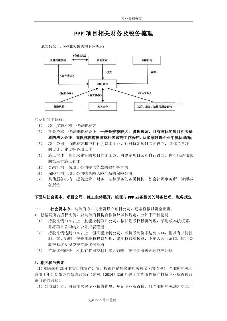 PPP项目相关财务与税务梳理