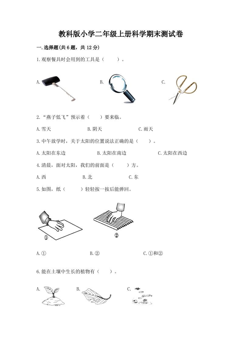 教科版小学二年级上册科学期末测试卷（精练）