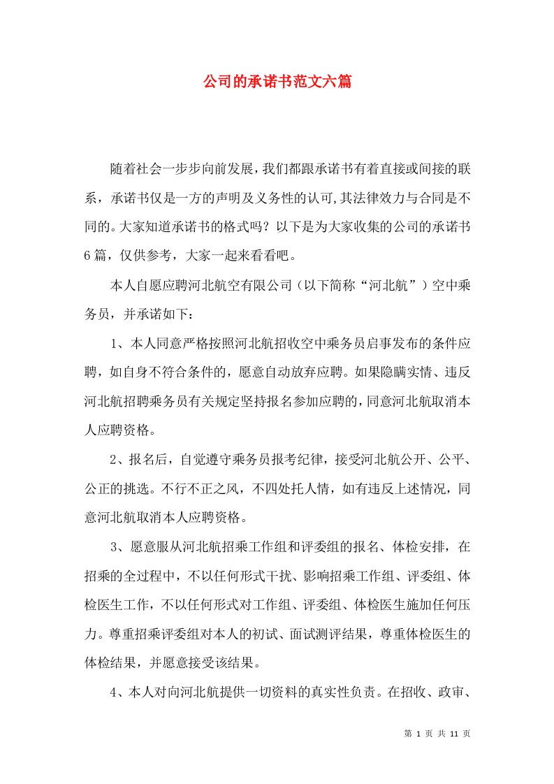 公司的承诺书范文六篇