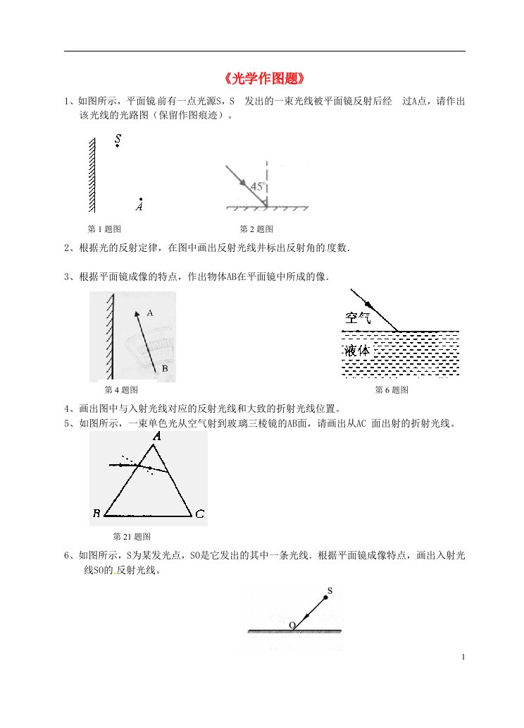 内蒙古鄂尔多斯市达拉特旗第十一中学九年级物理全册《光学作图题》复习题（无答案）