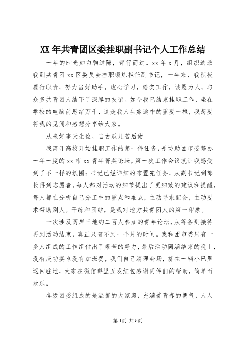 XX年共青团区委挂职副书记个人工作总结