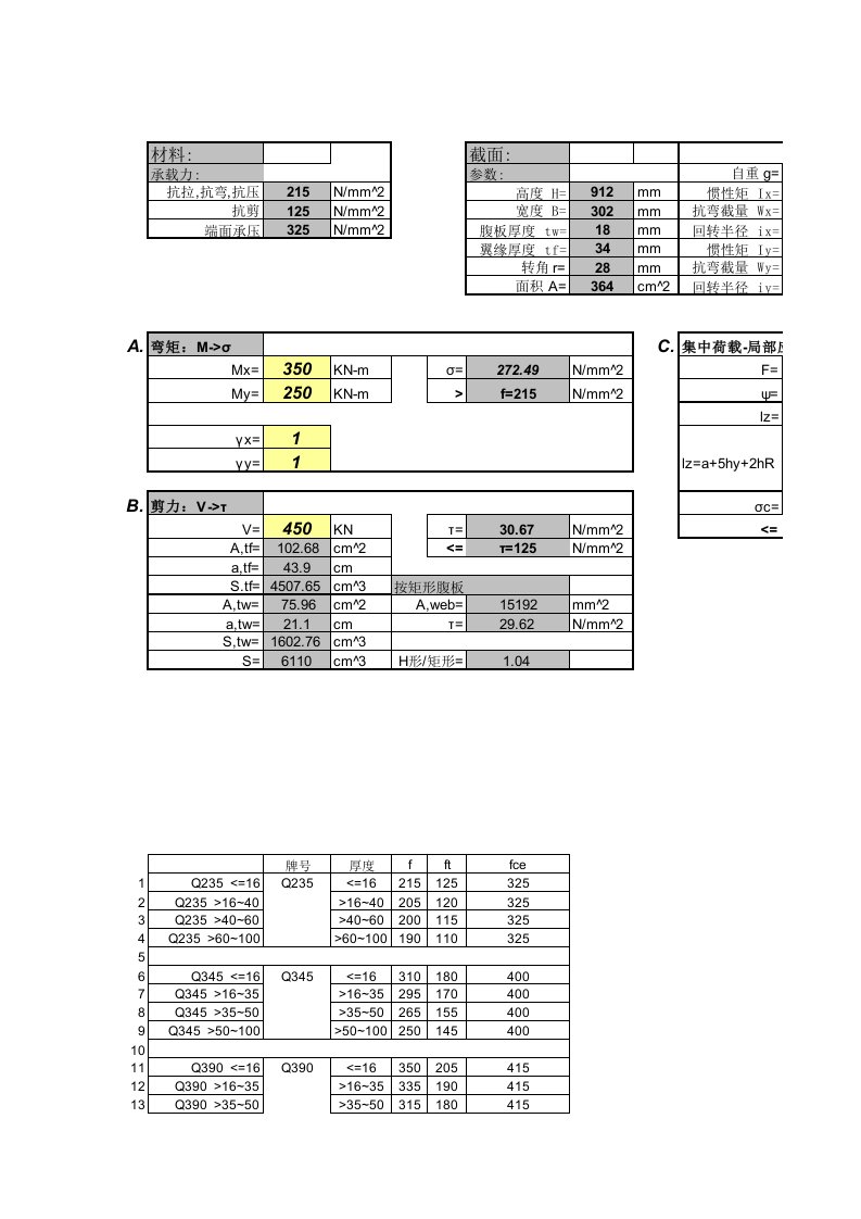 H型钢力学性能计算表