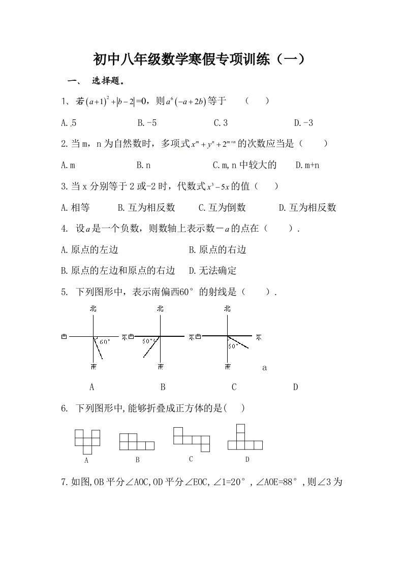 初中八年级数学寒假专项训练(一)