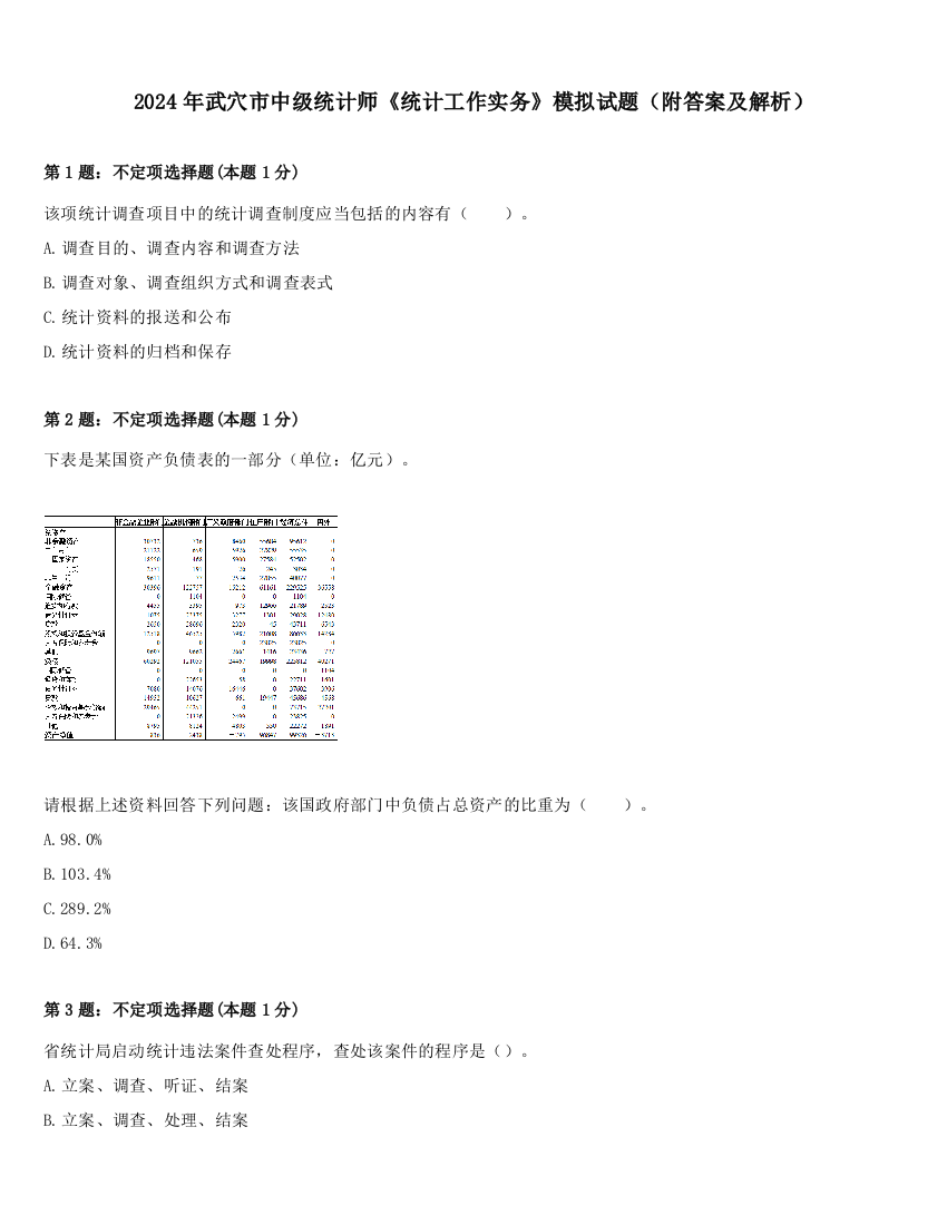 2024年武穴市中级统计师《统计工作实务》模拟试题（附答案及解析）