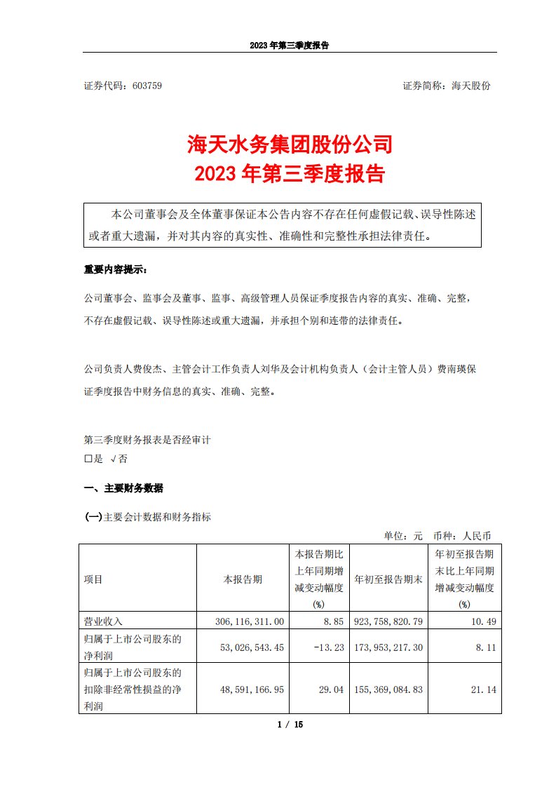 上交所-海天股份2023年第三季度报告-20231025