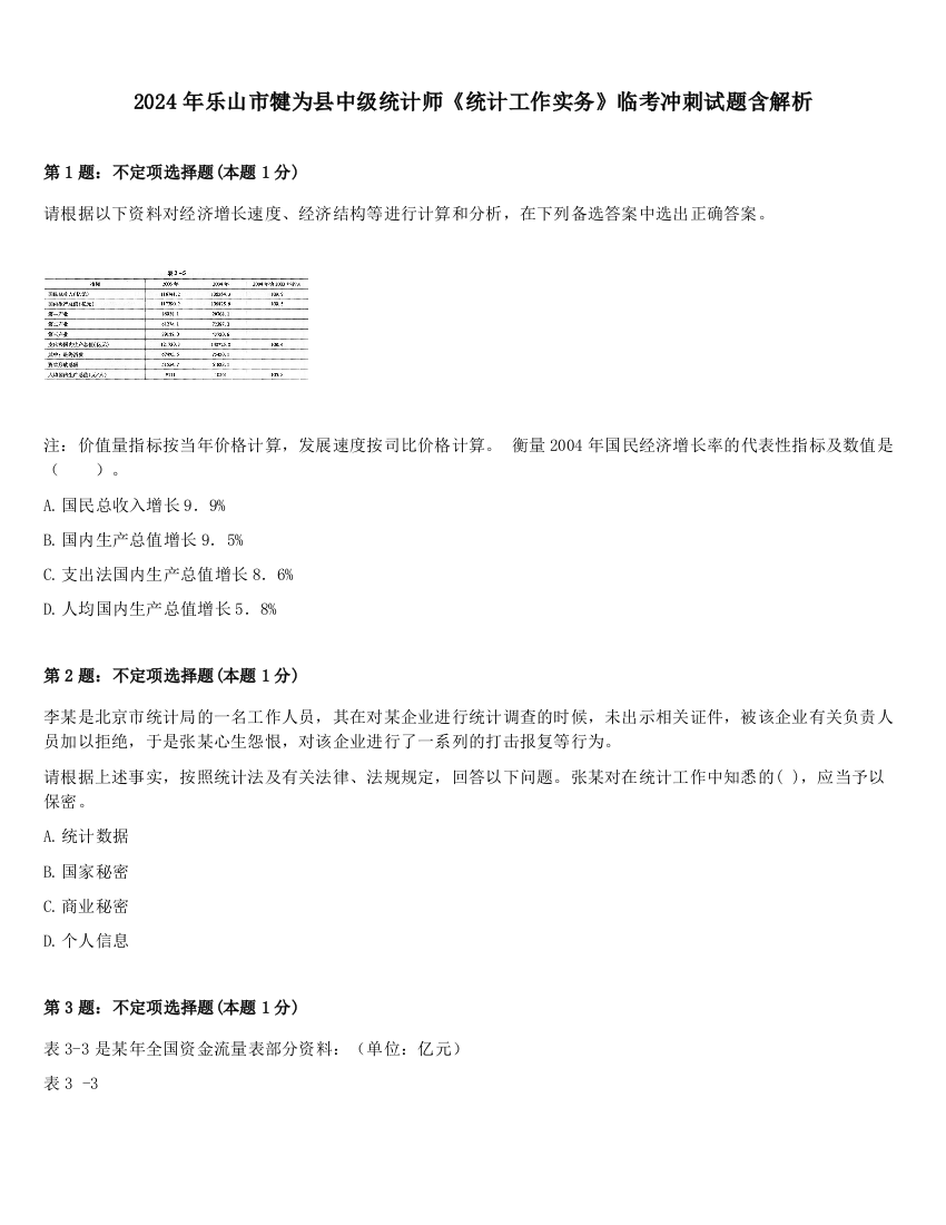 2024年乐山市犍为县中级统计师《统计工作实务》临考冲刺试题含解析