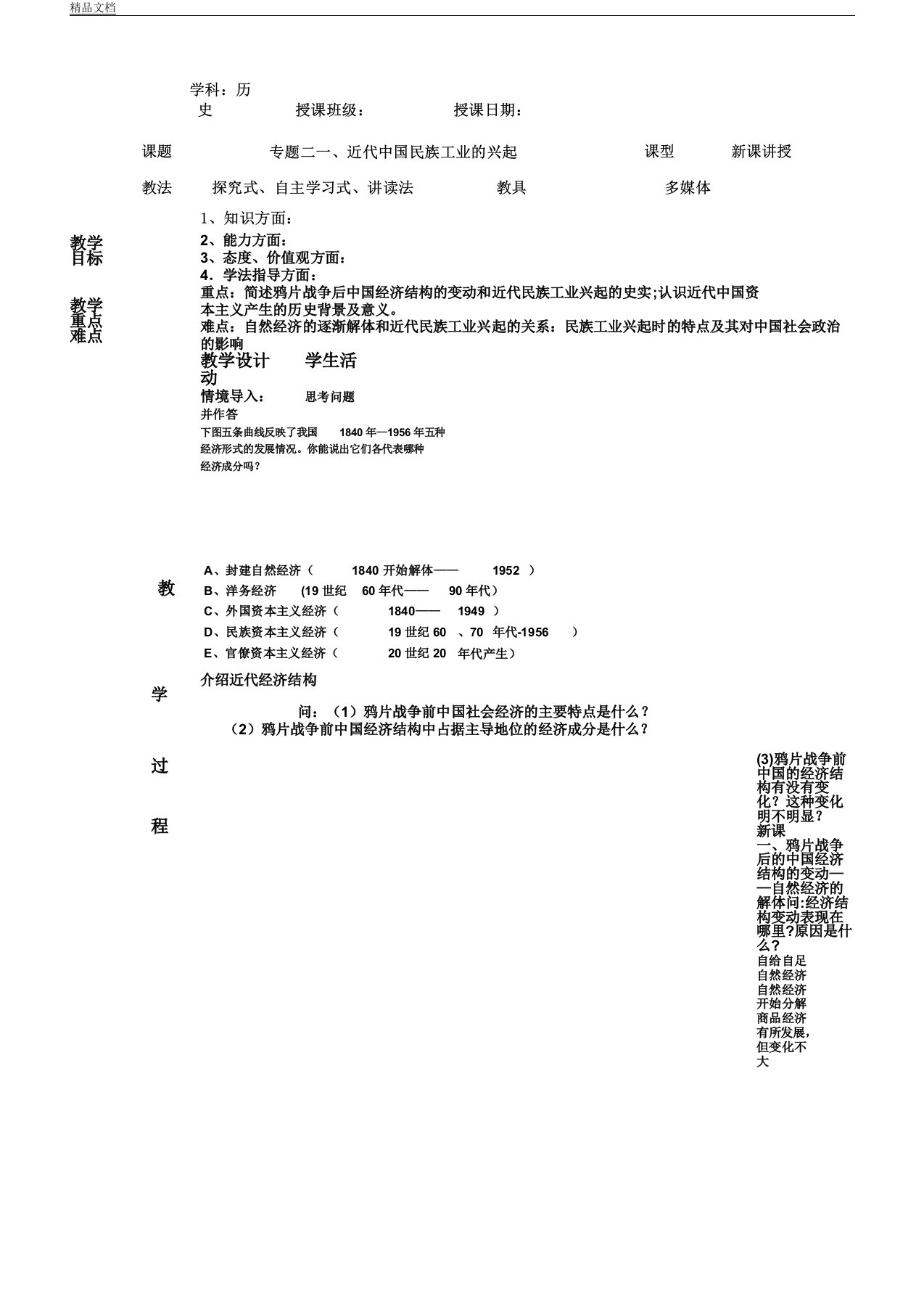 人民版本历史必修二2.1《近代中国民族工业的兴起》实用标准表格格学习教案设计