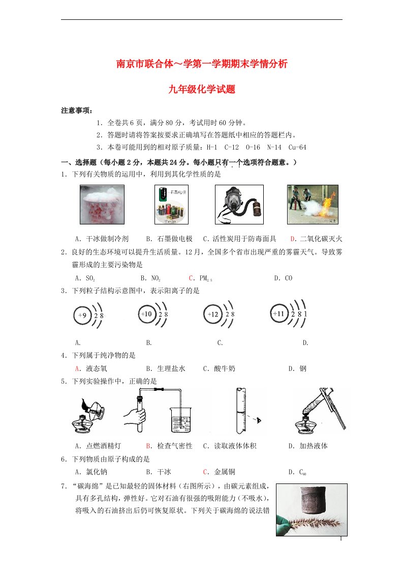 江苏省南京市联合体学九级化学第一学期期末学情分析试题