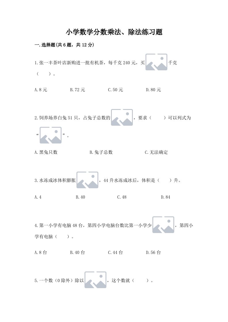 小学数学分数乘法、除法练习题精品（历年真题）