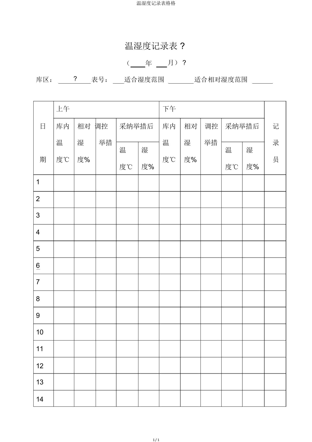 温湿度记录表格