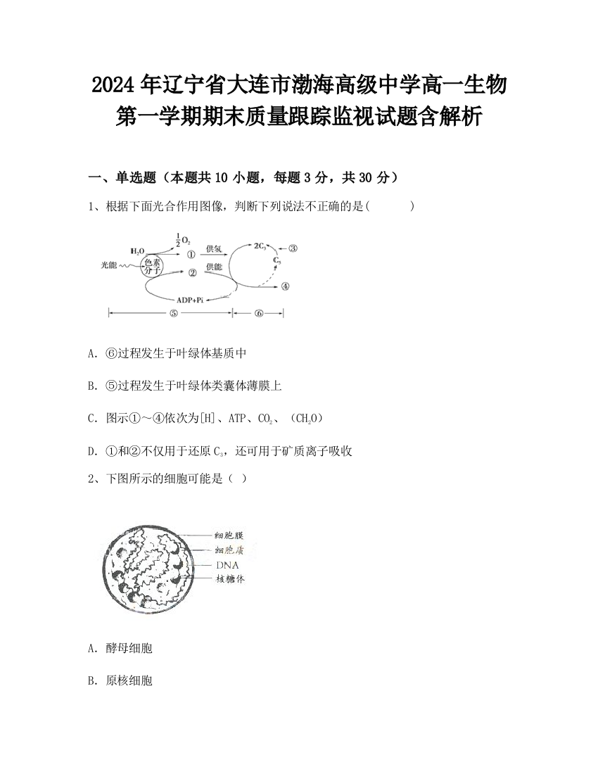 2024年辽宁省大连市渤海高级中学高一生物第一学期期末质量跟踪监视试题含解析