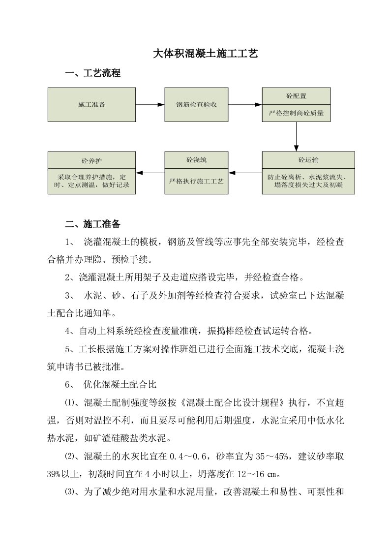 大体积混凝土施工工艺流程