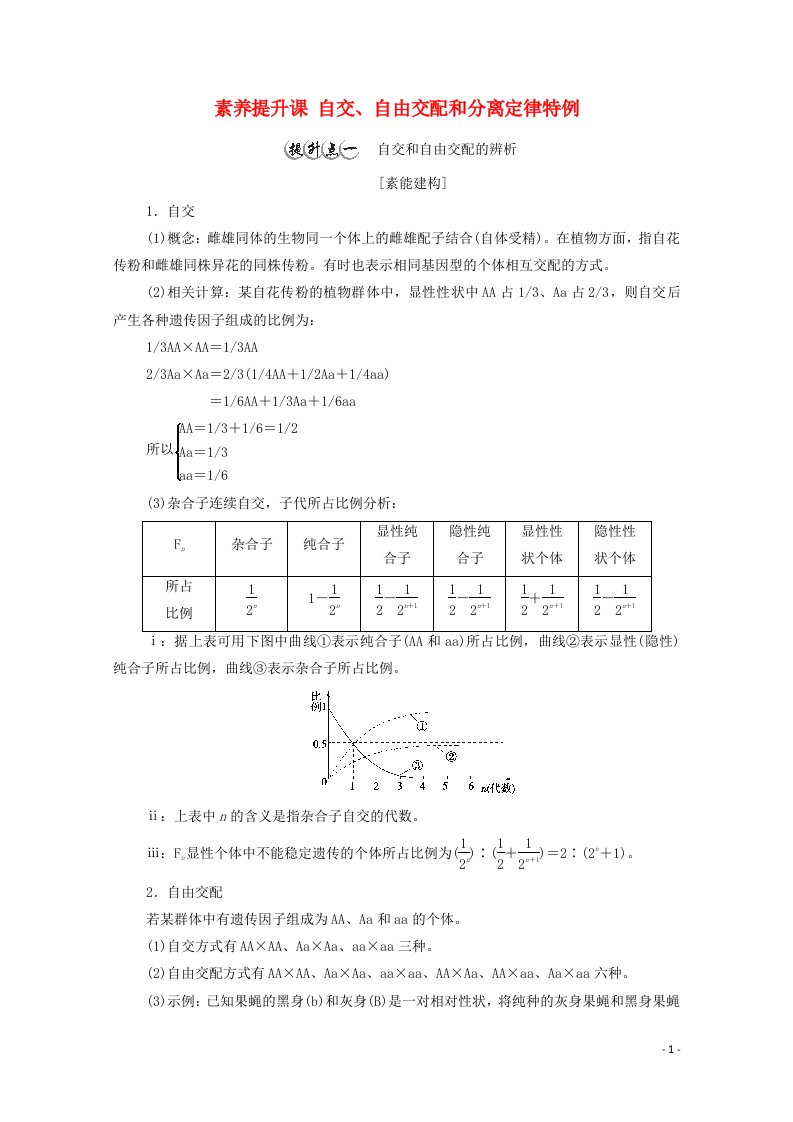 2020_2021学年新教材高中生物第1章遗传因子的发现素养提升课自交自由交配和分离定律特例教案新人教版必修2