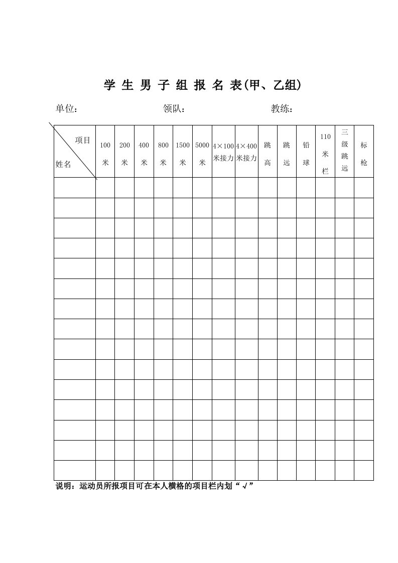 学生男子组报名表甲、乙组