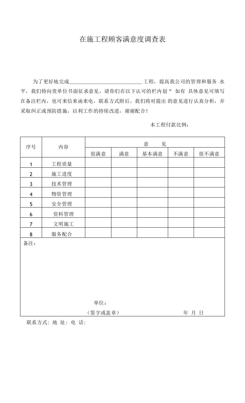 工程在施工程顾客满意度调查表