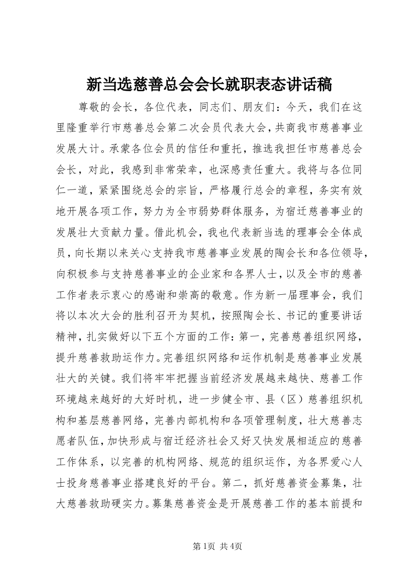 新当选慈善总会会长就职表态讲话稿