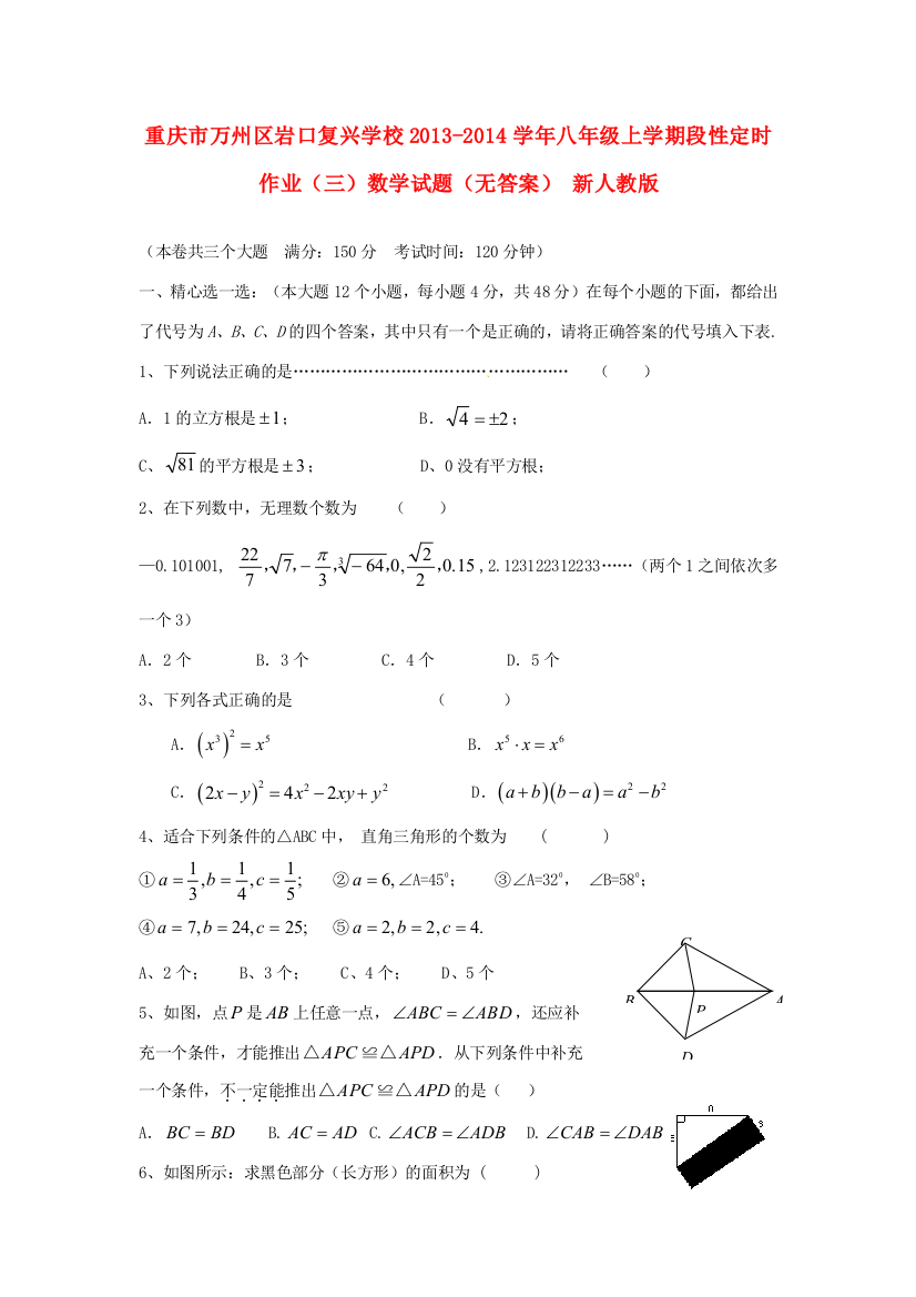 （小学中学试题）八年级数学上学期段性定时作业(三)(无答案)