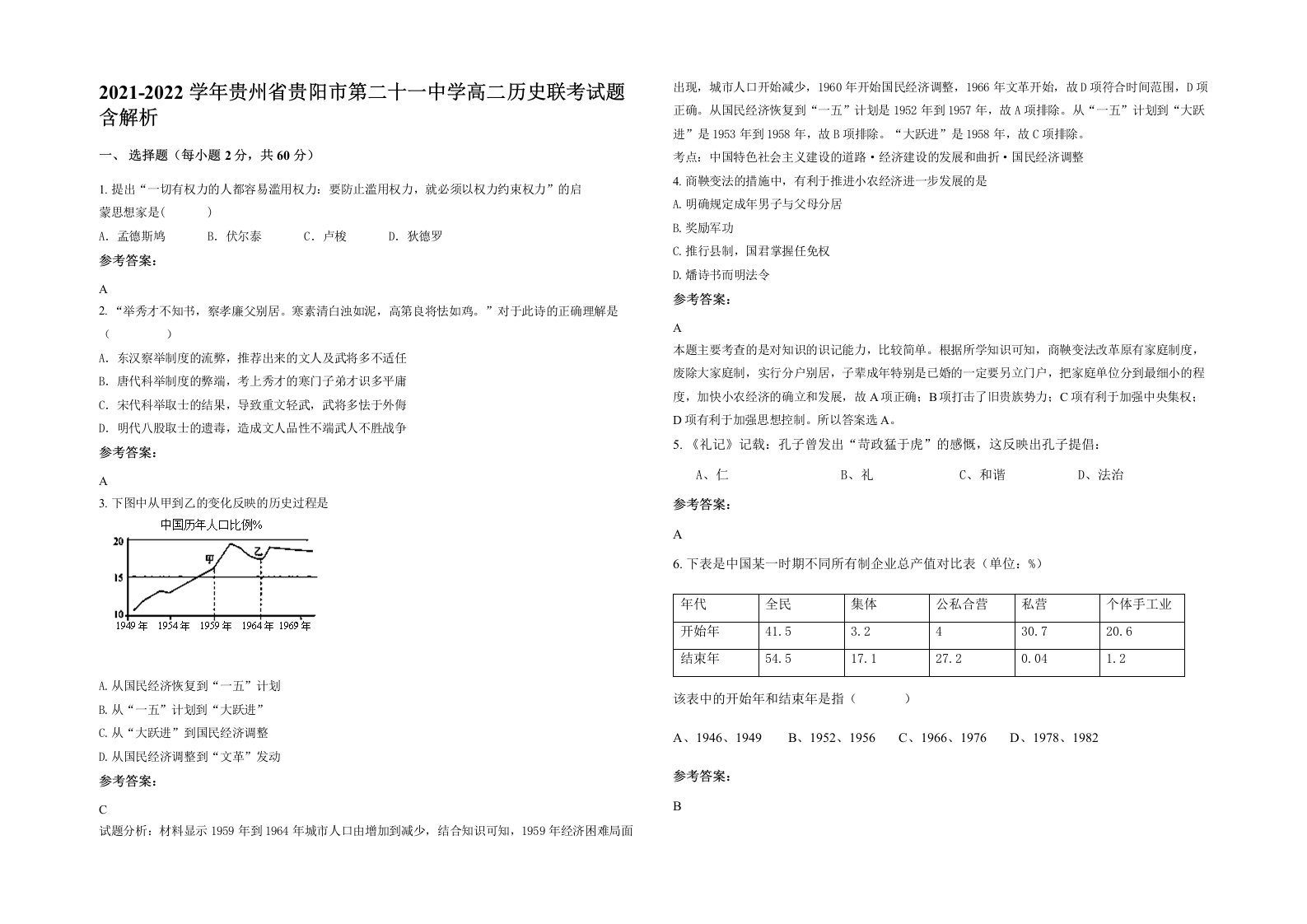 2021-2022学年贵州省贵阳市第二十一中学高二历史联考试题含解析