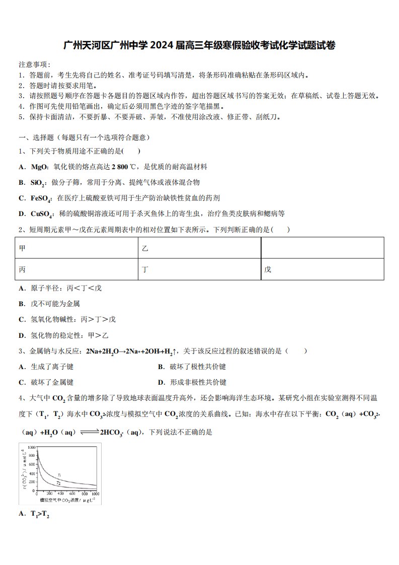 广州天河区广州中学2024届高三年级寒假验收考试化学试题试卷含解析