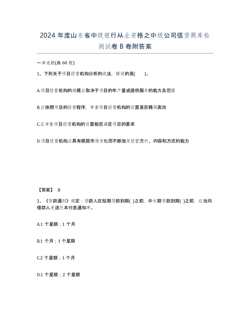 2024年度山东省中级银行从业资格之中级公司信贷题库检测试卷B卷附答案