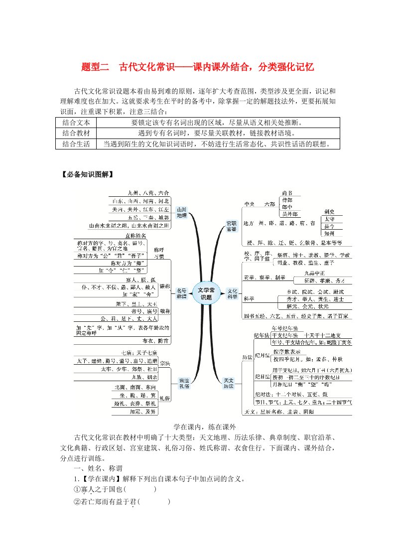 2024版新教材高考语文全程一轮总复习第一部分古诗文阅读专题一文言文阅读复习任务群二文言基本知识的系统复习学案三综合运用“必备知识”提升解题“关键能力”题型二古代文化常识