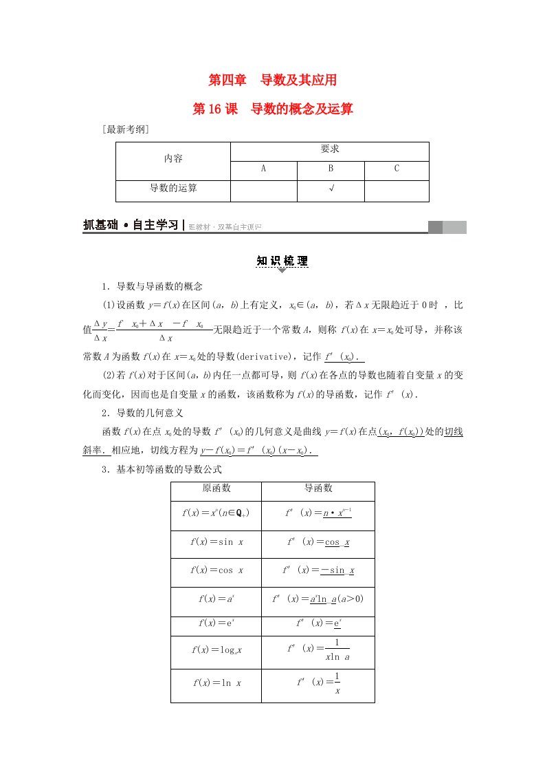 江苏专用高考数学一轮复习第四章导数及其应用第16课导数的概念及运算教师用书