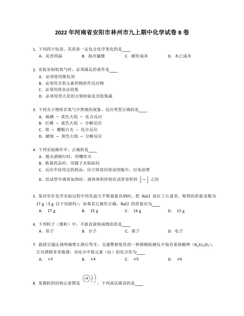 2022年河南省安阳市林州市九年级上学期期中化学试卷B卷（含答案）