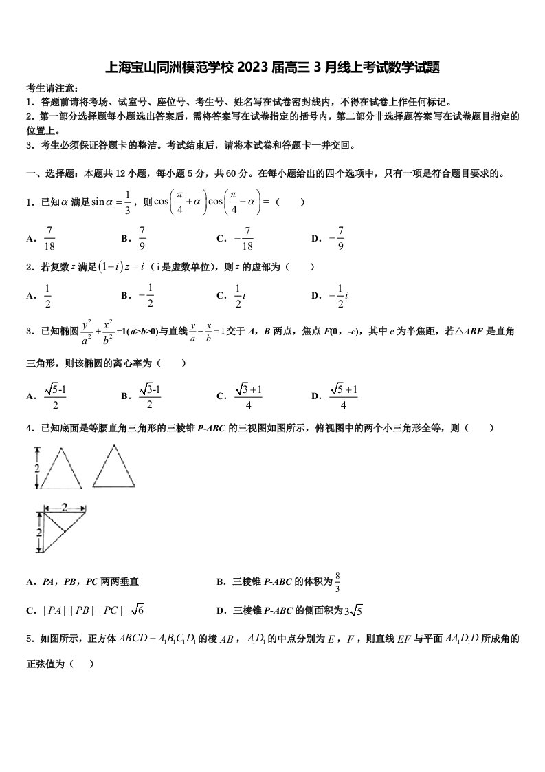 上海宝山同洲模范学校2023届高三3月线上考试数学试题