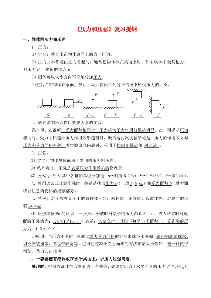 中考物理压力和压强复习提纲粤教版