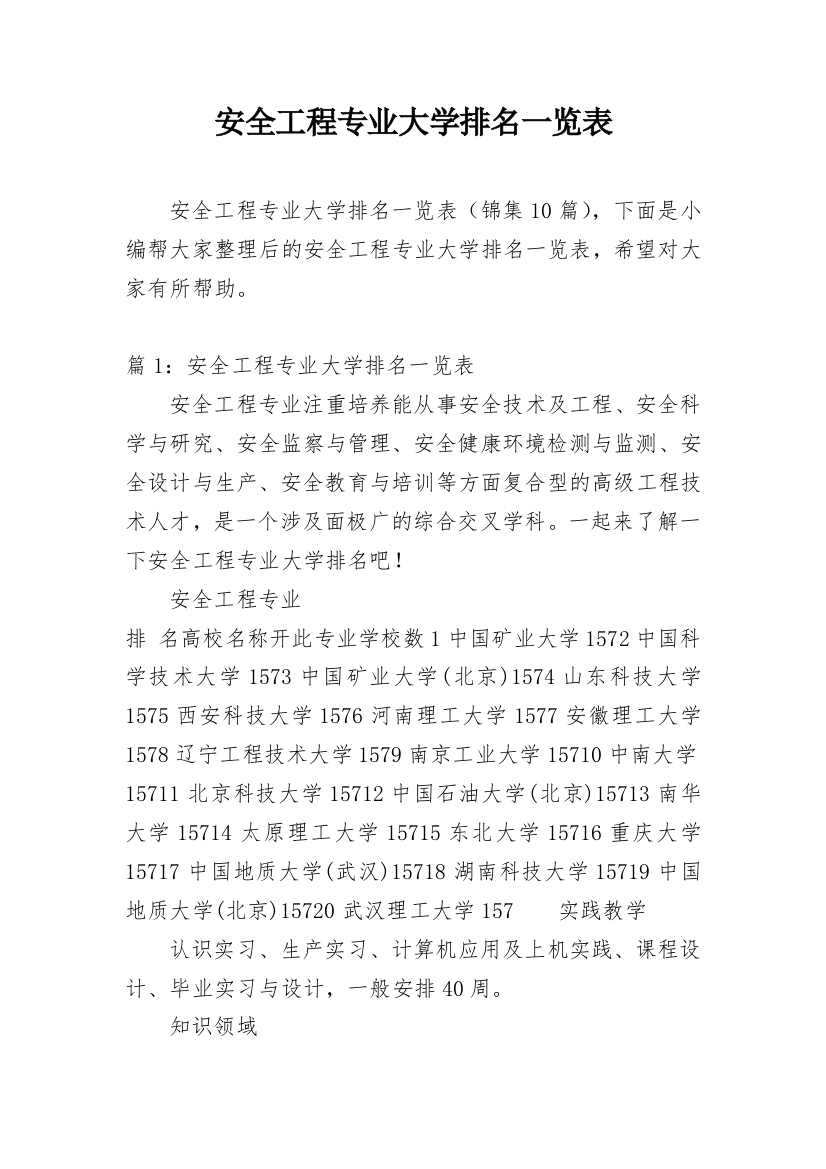 安全工程专业大学排名一览表