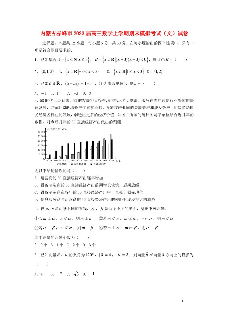 内蒙古赤峰市2023届高三数学上学期期末模拟考试文试卷