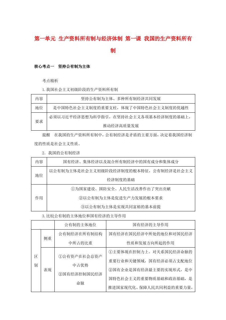 2025版高考政治全程一轮复习核心突破必修2第一单元生产资料所有制与经济体制第一课我国的生产资料所有制