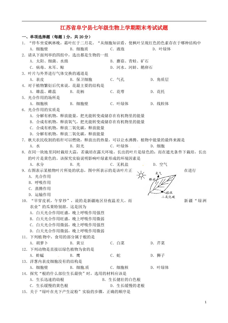 江苏省阜宁县七级生物上学期期末考试试题