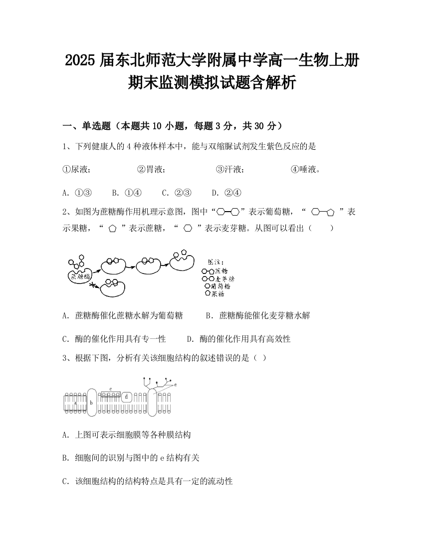 2025届东北师范大学附属中学高一生物上册期末监测模拟试题含解析